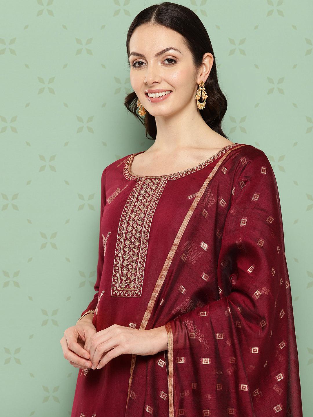 Maroon Woven Design Chanderi Silk Straight Suit With Dupatta