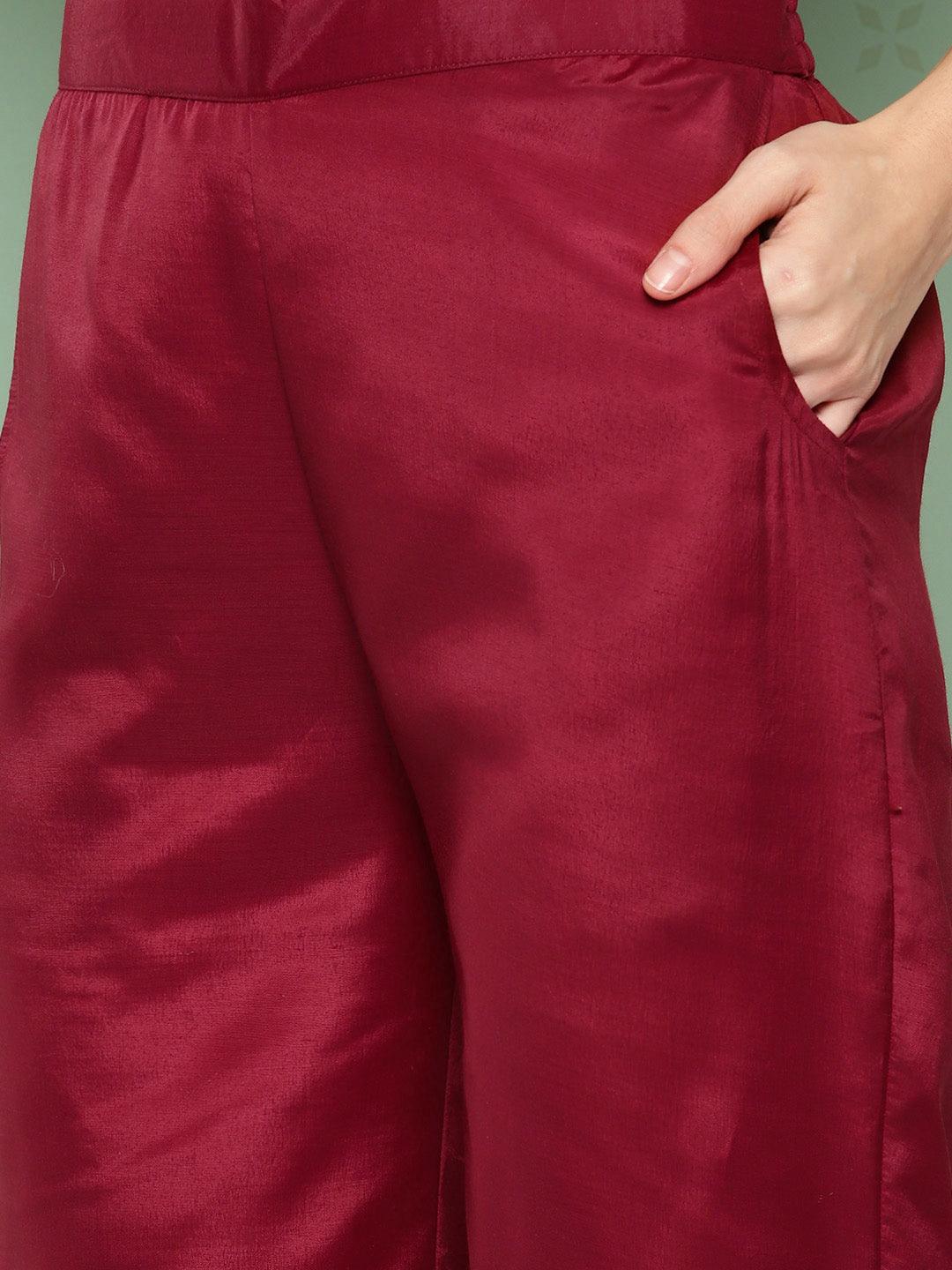 Maroon Woven Design Chanderi Silk Straight Kurta With Trousers & Dupatta - ShopLibas