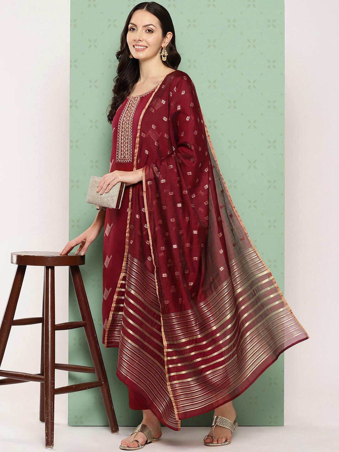 Maroon Woven Design Chanderi Silk Straight Suit With Dupatta