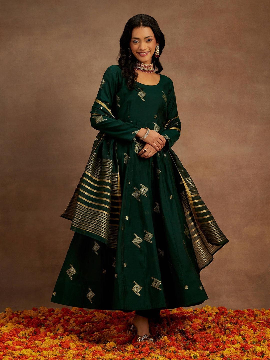 Green Woven Design Chanderi Silk Anarkali Kurta With Palazzos & Dupatta - ShopLibas