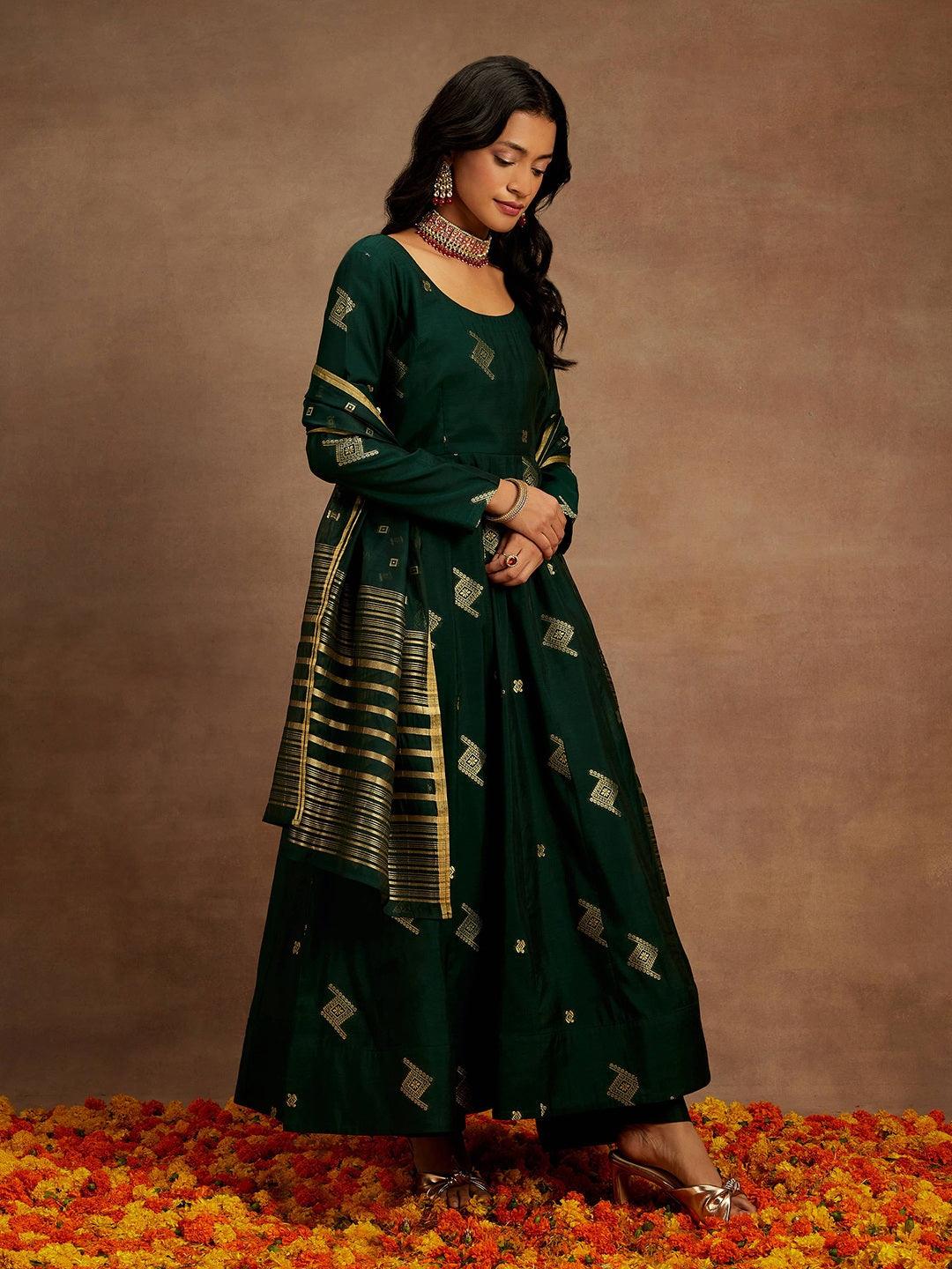 Green Woven Design Chanderi Silk Anarkali Kurta With Palazzos & Dupatta - ShopLibas