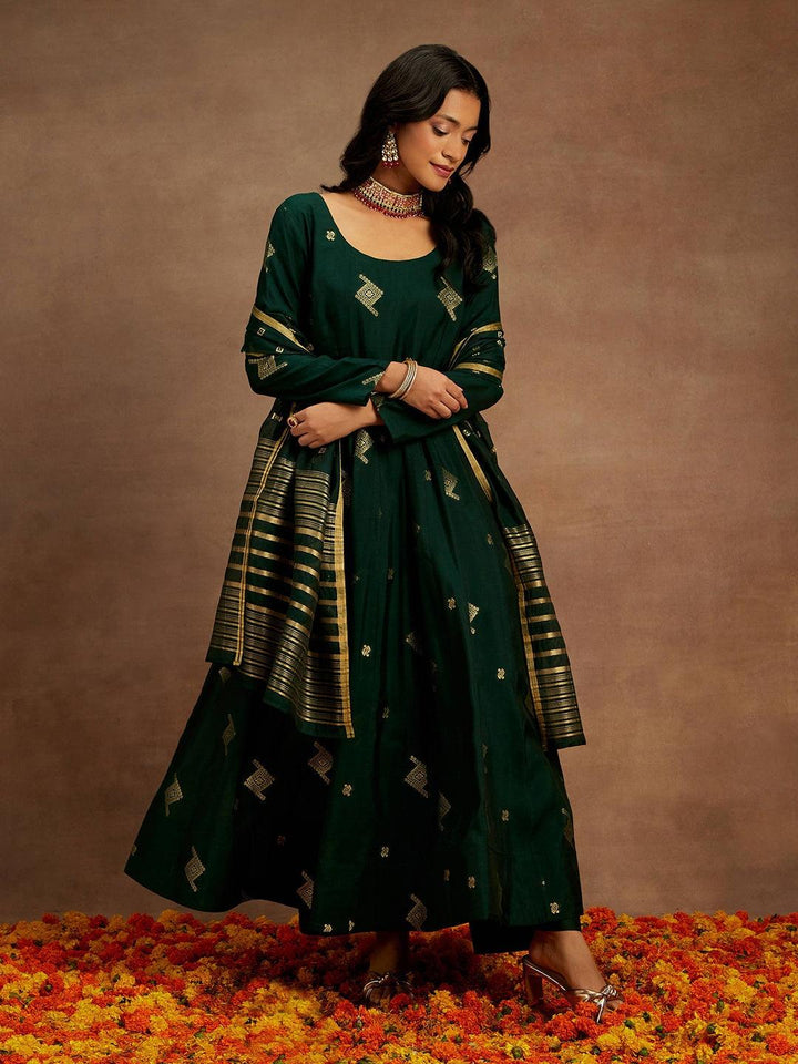 Green Woven Design Chanderi Silk Anarkali Kurta With Palazzos & Dupatta - ShopLibas