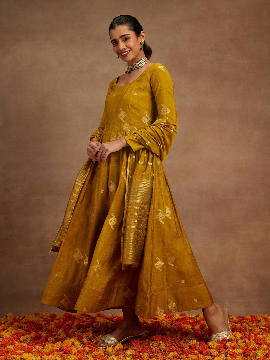 Mustard Woven Design Chanderi Silk Anarkali Suit With Dupatta