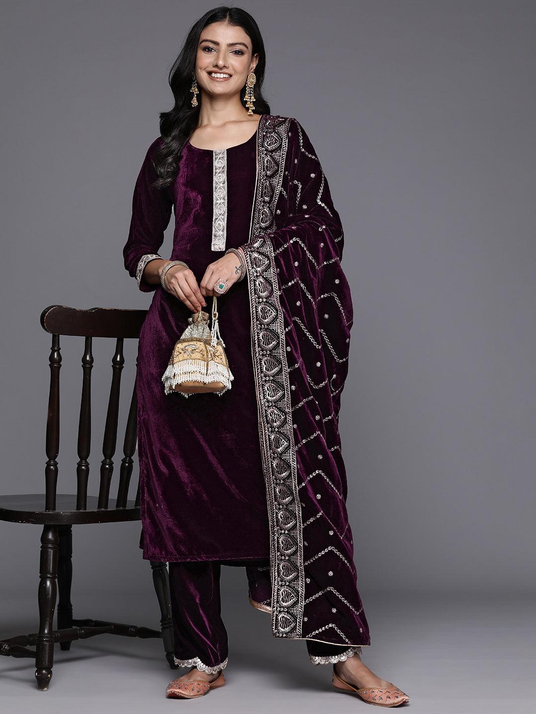 Wine Solid Velvet Straight Suit With Dupatta