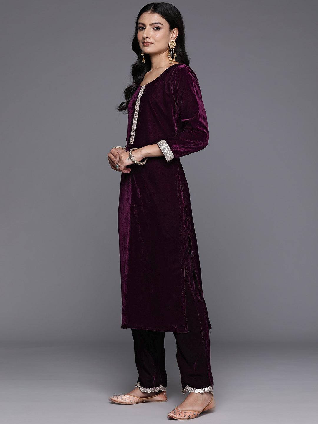 Wine Solid Velvet Straight Suit With Dupatta