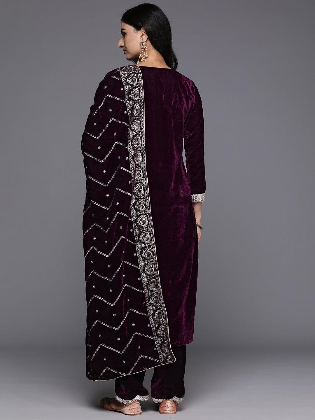 Wine Solid Velvet Straight Suit With Dupatta