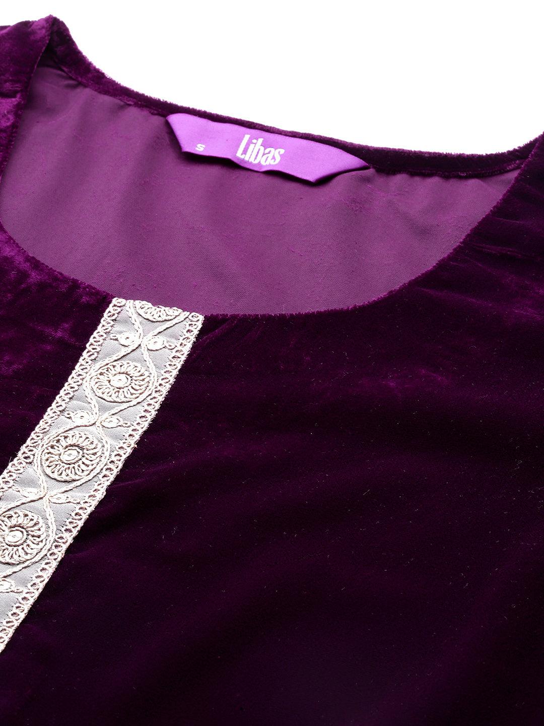 Wine Solid Velvet Straight Suit With Dupatta