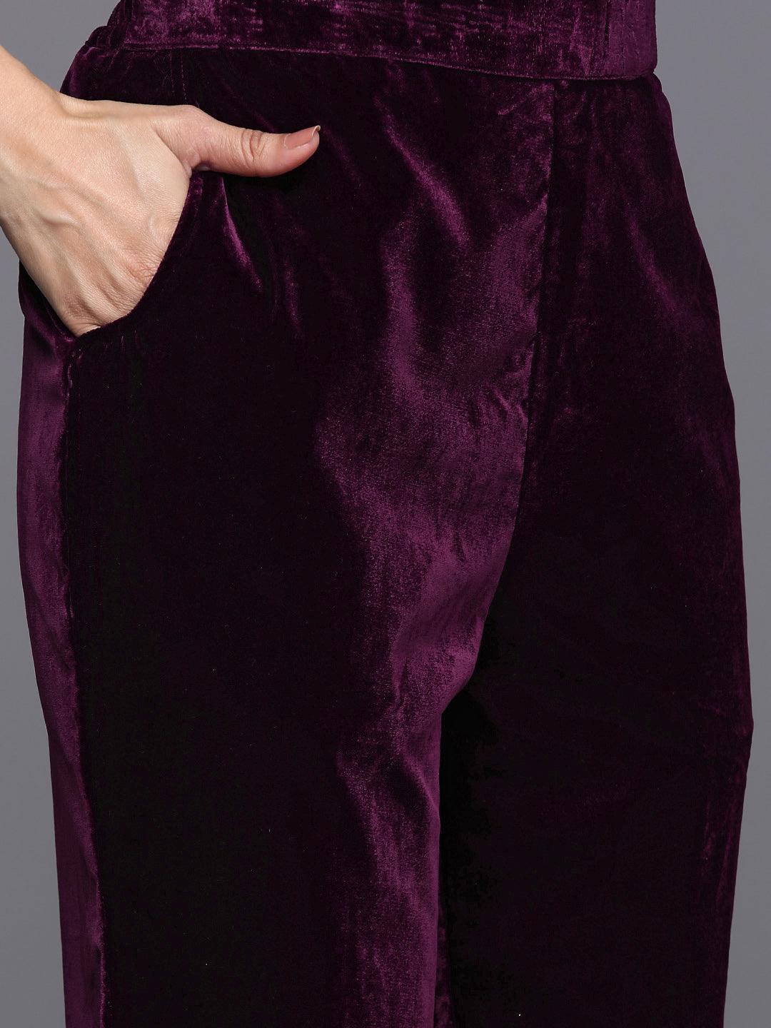 Wine Solid Velvet Straight Suit With Dupatta