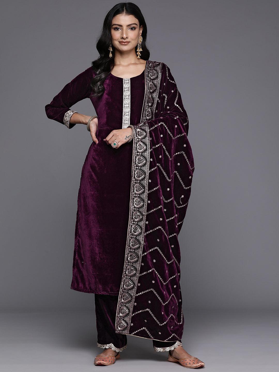 Wine Solid Velvet Straight Kurta With Trousers & Dupatta - ShopLibas