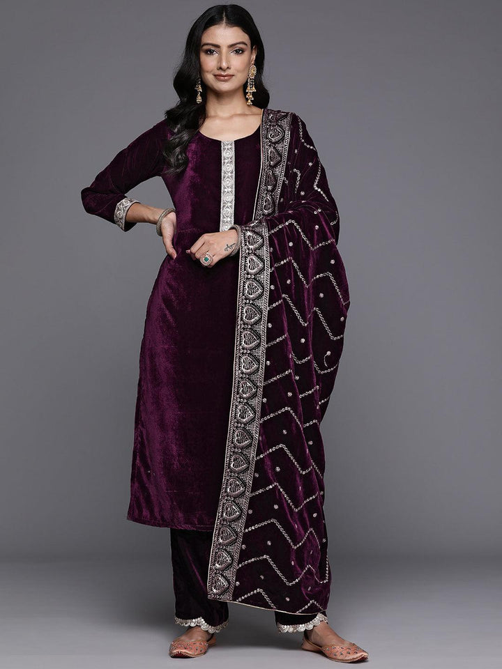 Wine Solid Velvet Straight Kurta With Trousers & Dupatta - ShopLibas