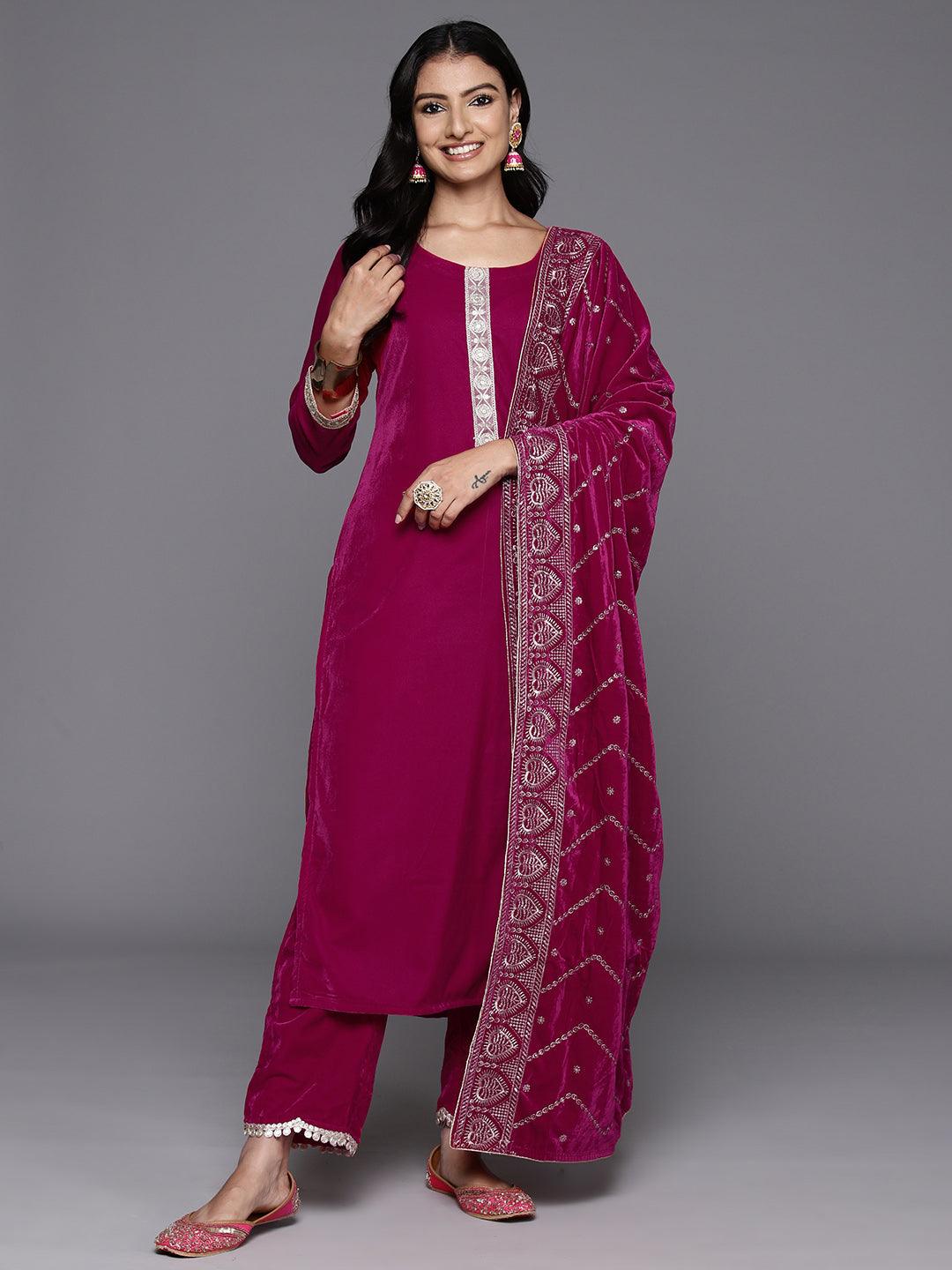 Pink Yoke Design Velvet Straight Kurta With Trousers & Dupatta - ShopLibas