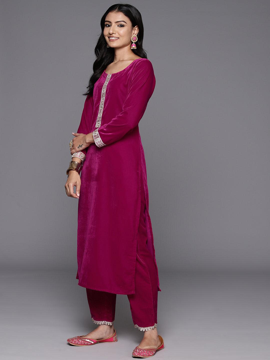 Pink Yoke Design Velvet Straight Suit With Dupatta