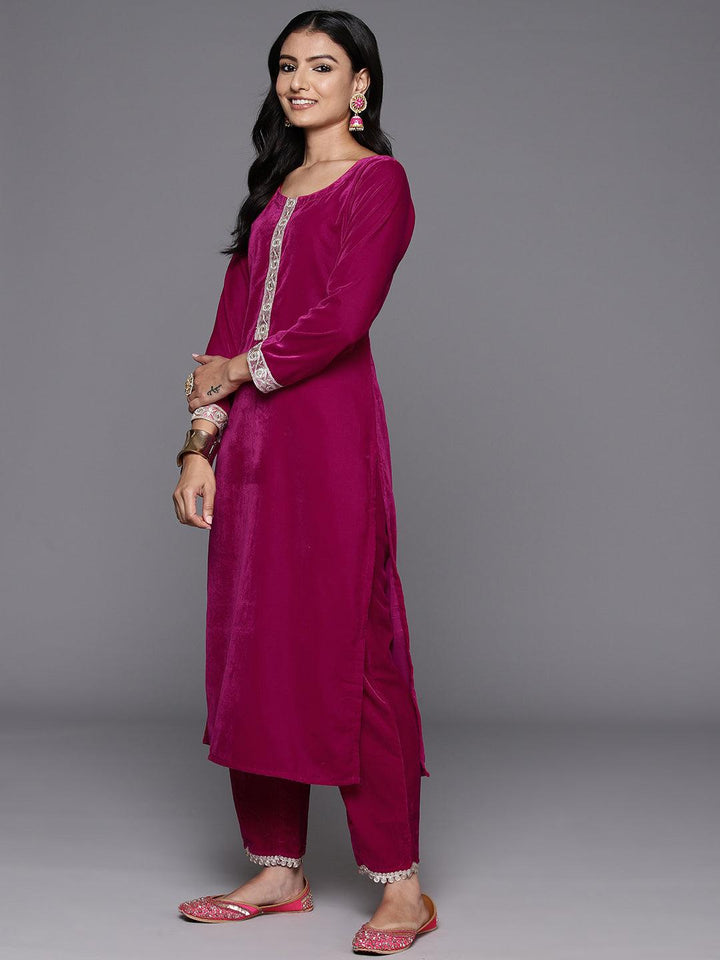 Pink Yoke Design Velvet Straight Kurta With Trousers & Dupatta - ShopLibas