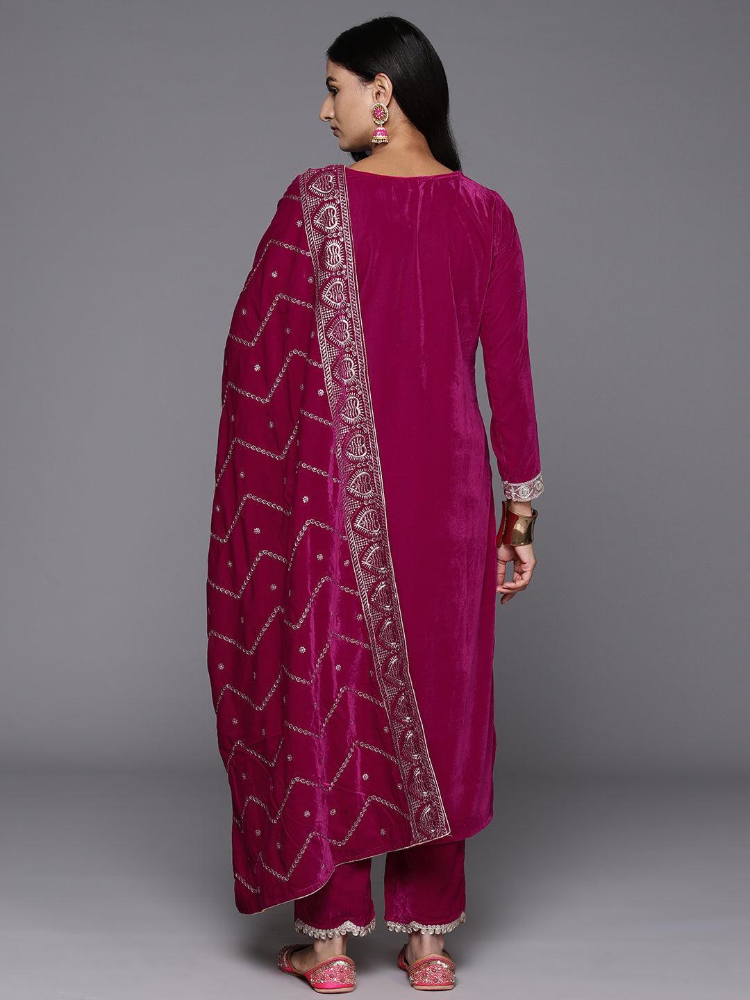 Pink Yoke Design Velvet Straight Suit With Dupatta