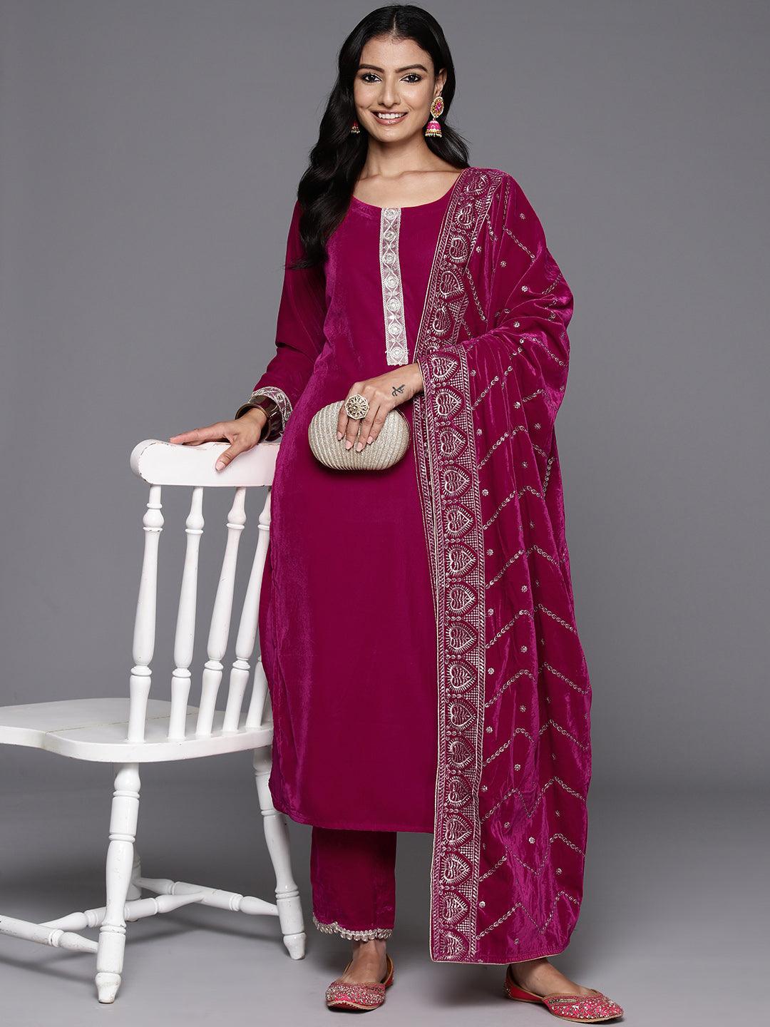 Pink Yoke Design Velvet Straight Suit With Dupatta