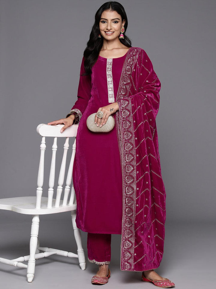 Pink Yoke Design Velvet Straight Kurta With Trousers & Dupatta - ShopLibas