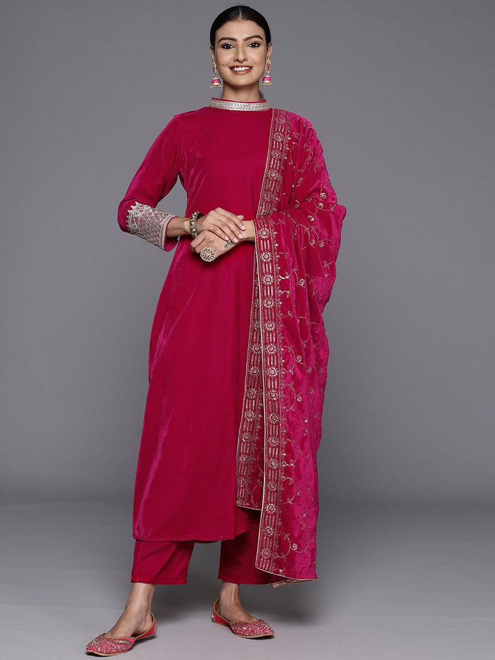 Pink Solid Velvet A-Line Kurta With Trousers & Dupatta - ShopLibas