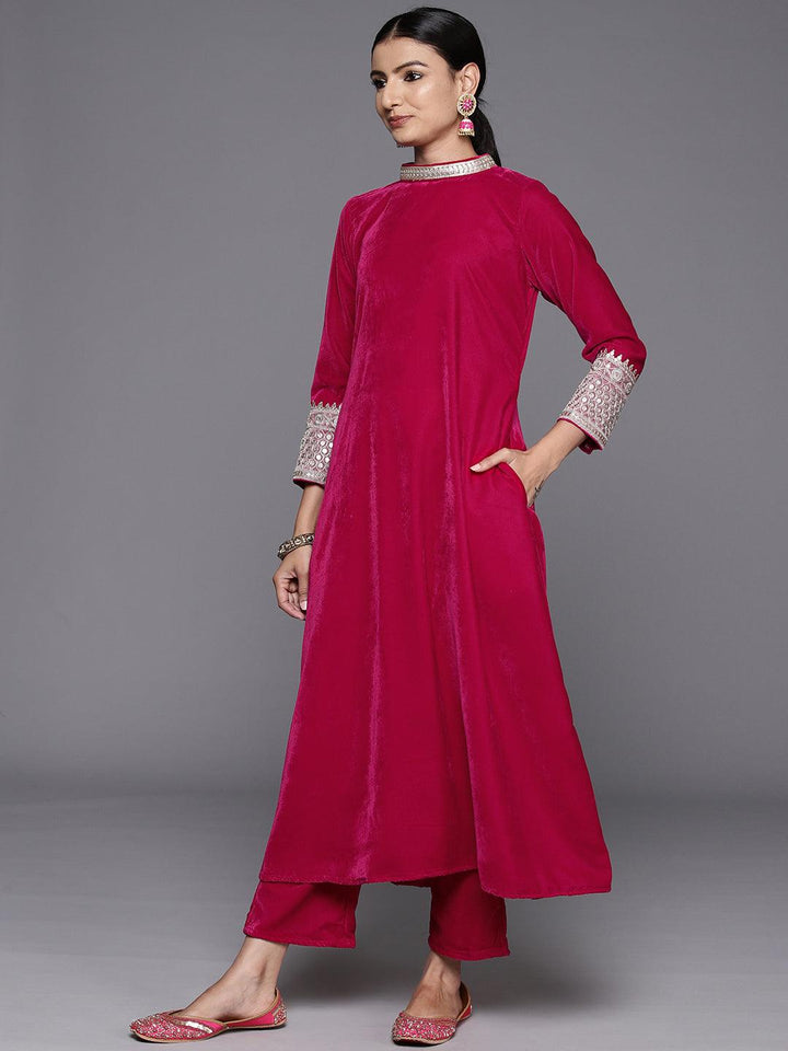 Pink Solid Velvet A-Line Kurta With Trousers & Dupatta - ShopLibas