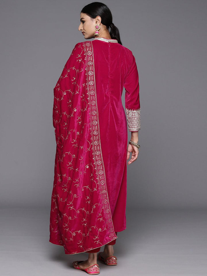 Pink Solid Velvet A-Line Kurta With Trousers & Dupatta - ShopLibas