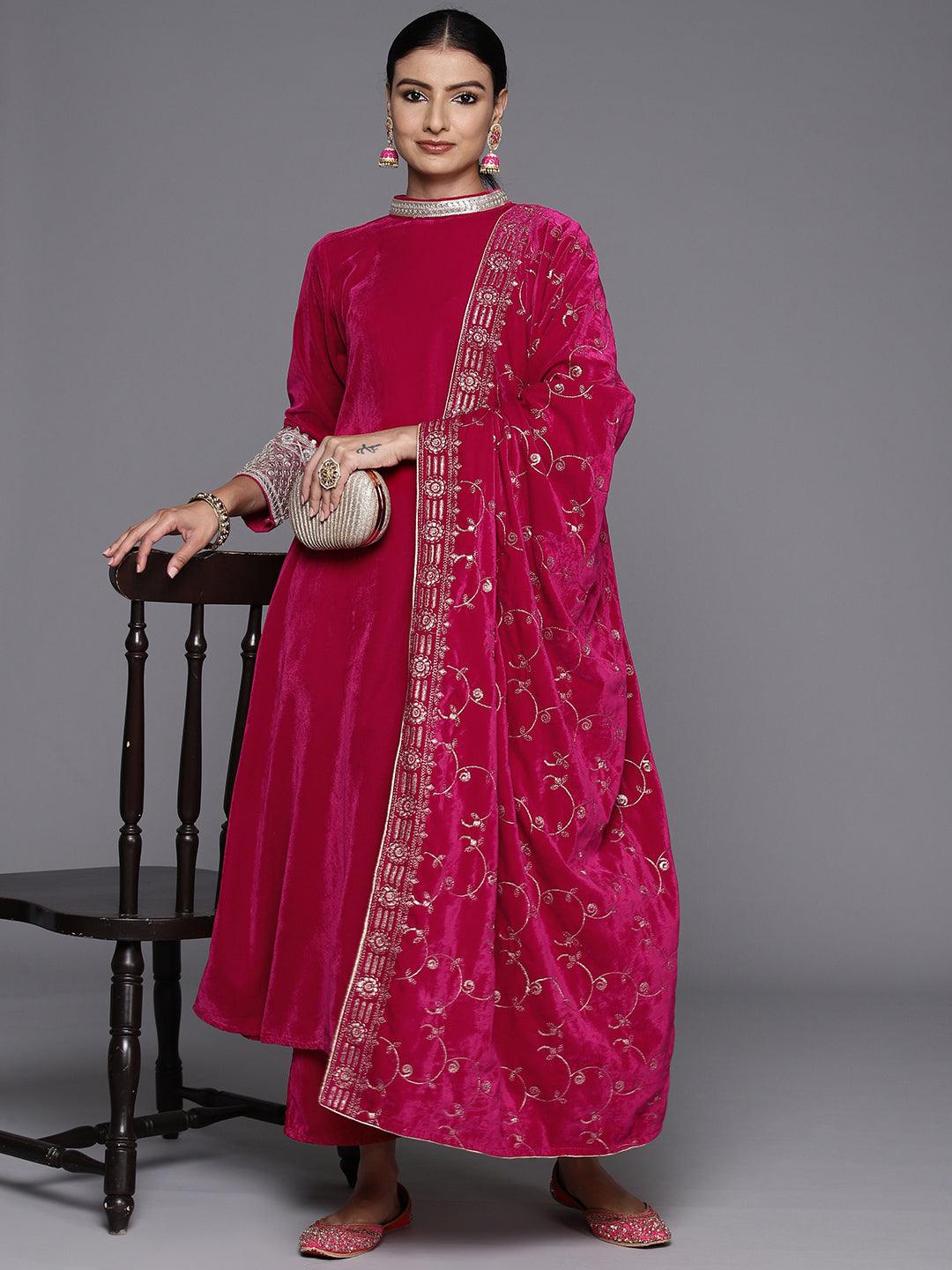 Pink Solid Velvet A-Line Kurta With Trousers & Dupatta - ShopLibas