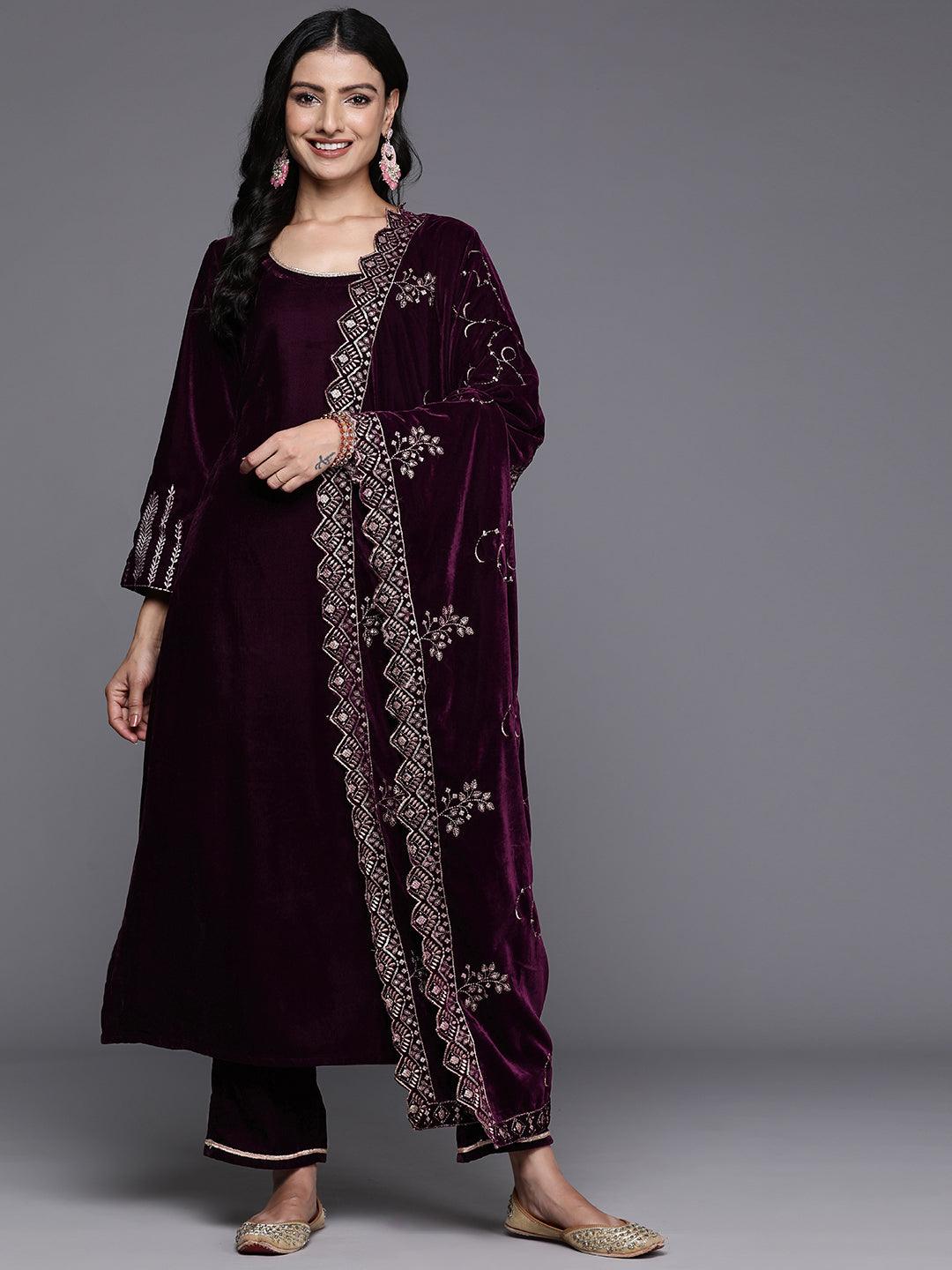 Wine Solid Velvet Straight Suit With Dupatta