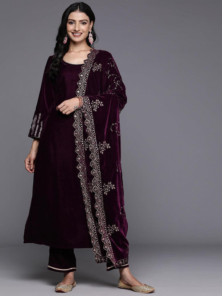 Wine Solid Velvet Straight Kurta With Trousers & Dupatta - ShopLibas