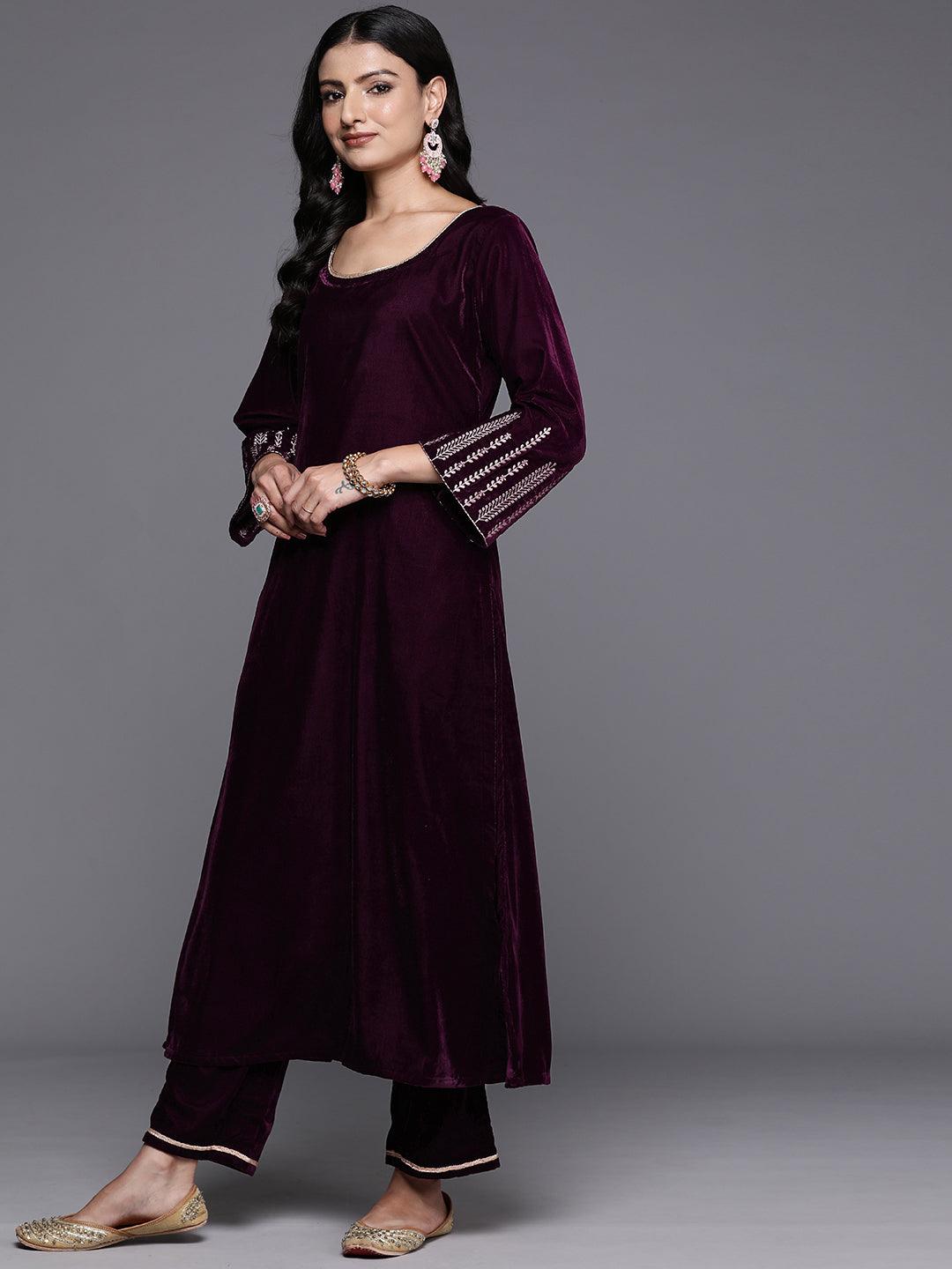 Wine Solid Velvet Straight Suit With Dupatta