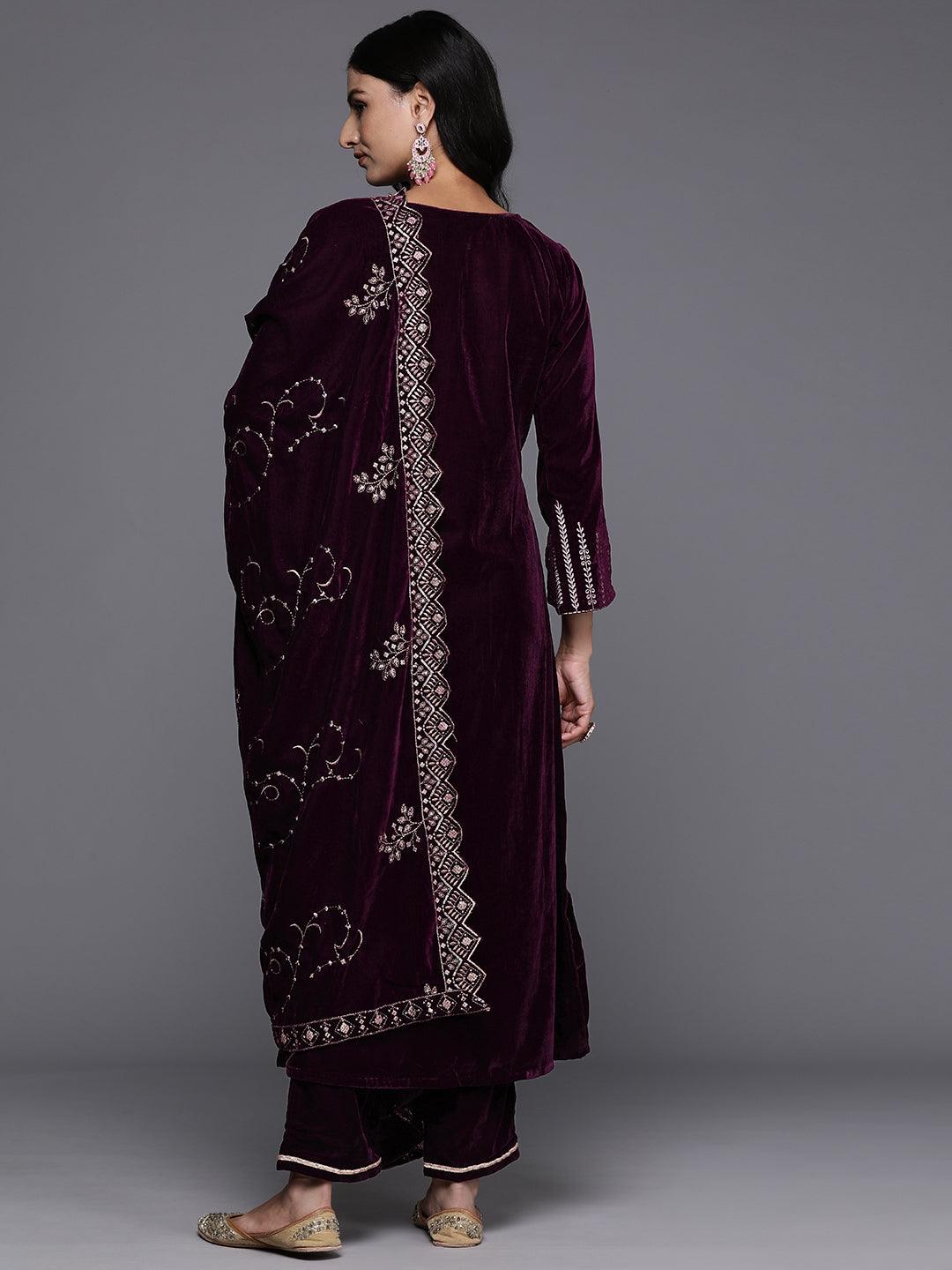 Wine Solid Velvet Straight Suit With Dupatta