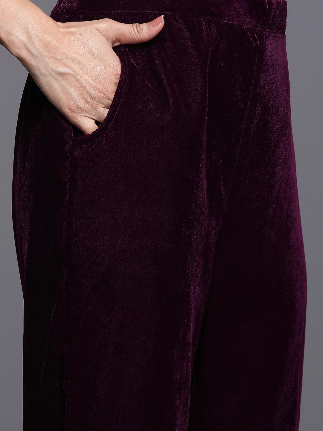 Wine Solid Velvet Straight Suit With Dupatta