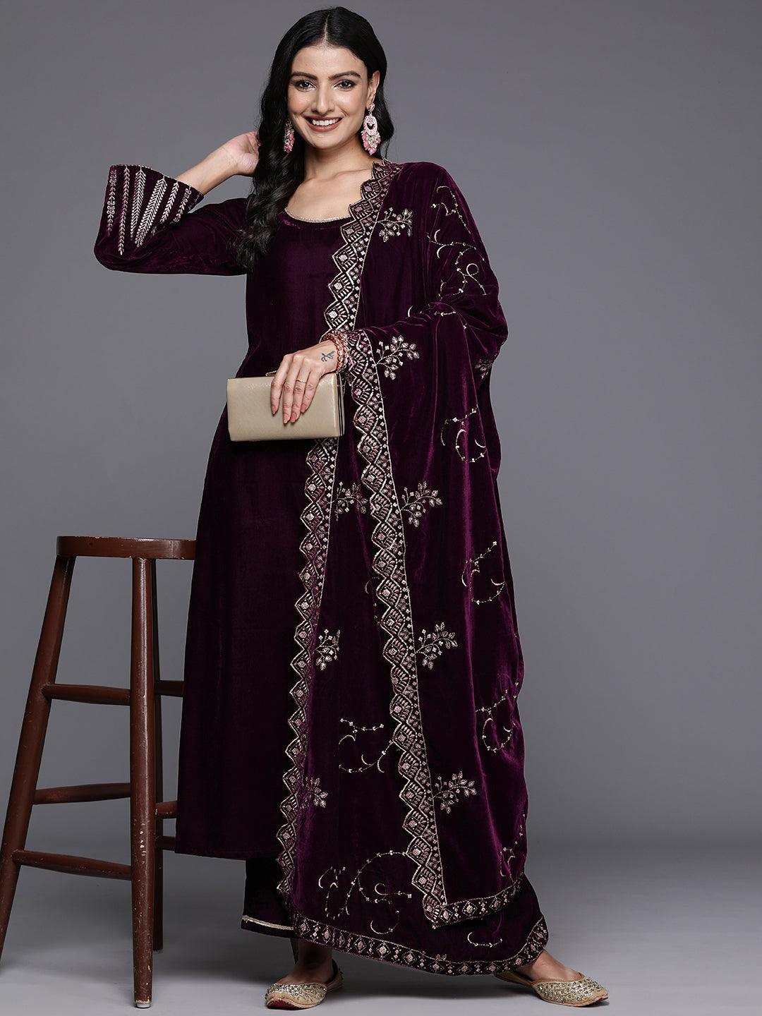 Wine Solid Velvet Straight Suit With Dupatta