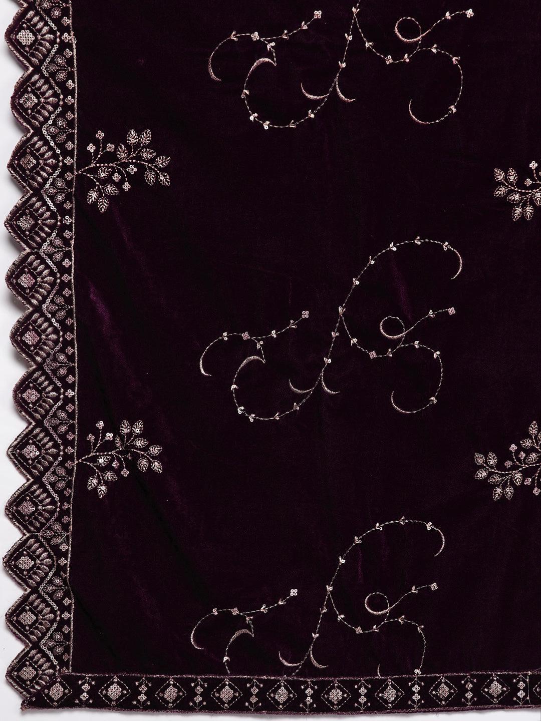 Wine Solid Velvet Straight Suit With Dupatta