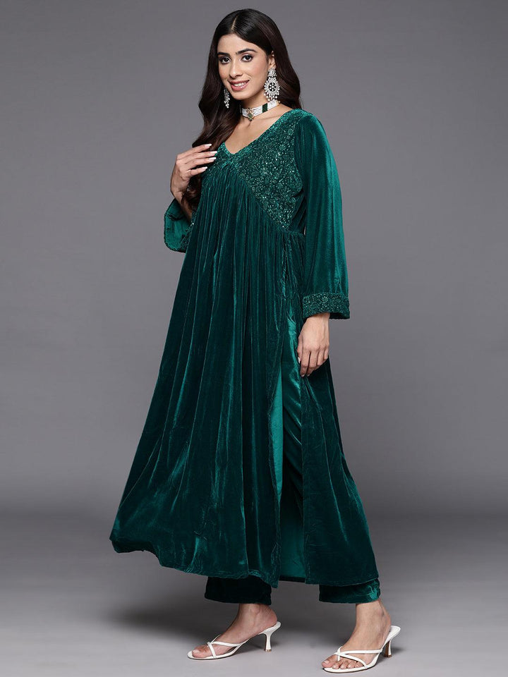 Green Embroidered Velvet A-Line Kurta With Trousers & Dupatta - ShopLibas