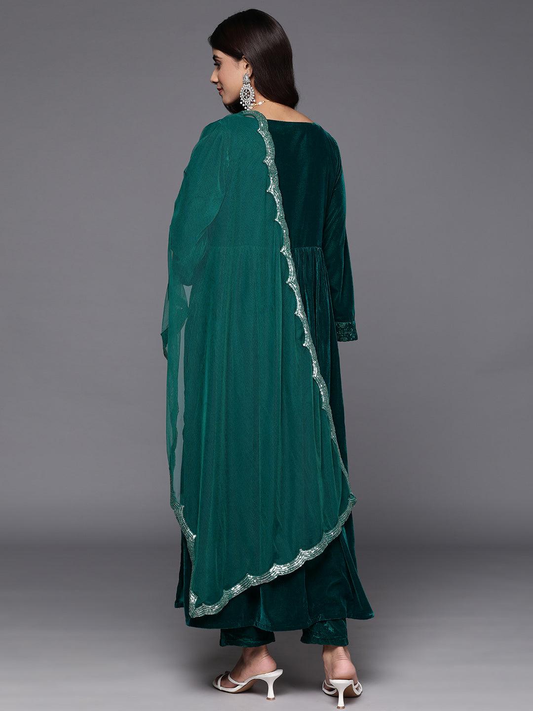 Green Embroidered Velvet A-Line Kurta With Trousers & Dupatta - ShopLibas