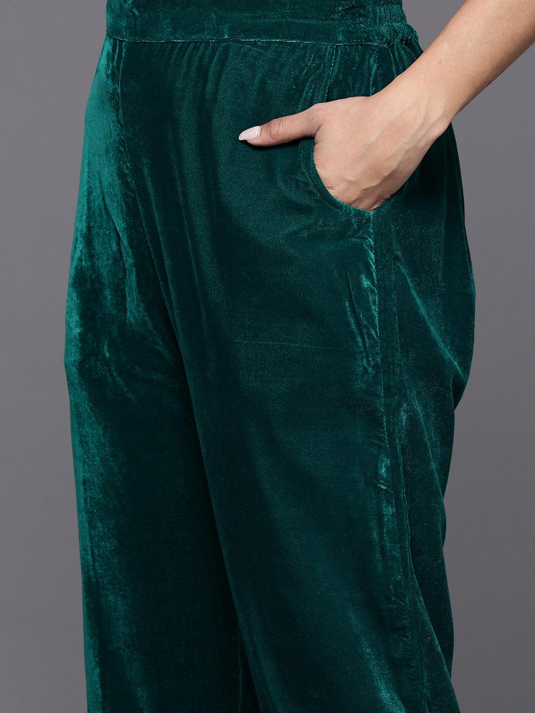 Green Embroidered Velvet A-Line Kurta With Trousers & Dupatta - ShopLibas