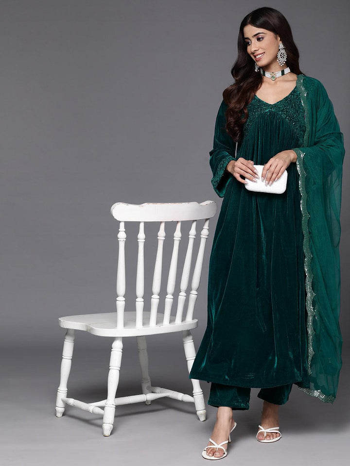 Green Embroidered Velvet A-Line Kurta With Trousers & Dupatta - ShopLibas