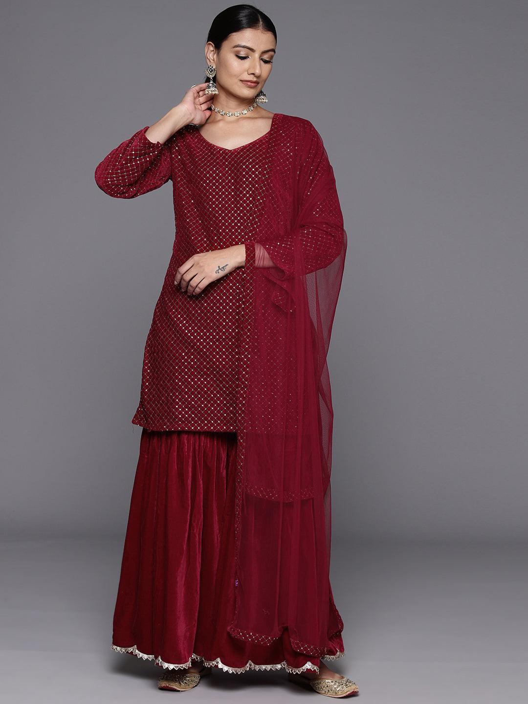 Maroon Embroidered Velvet Straight Suit With Dupatta