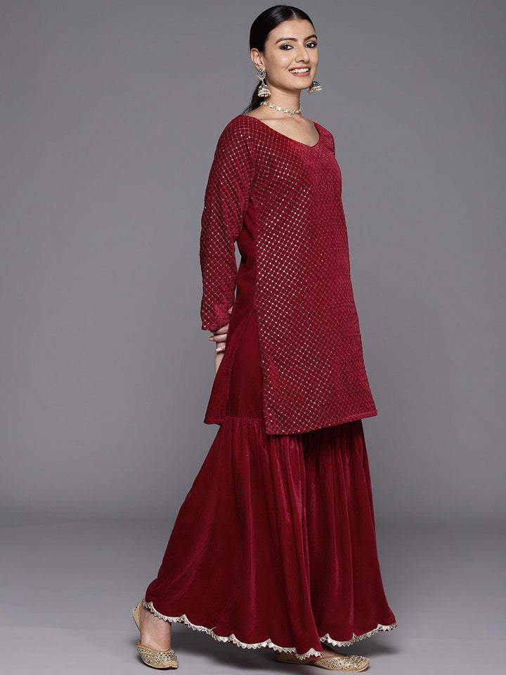 Maroon Embroidered Velvet Straight Kurta With Sharara & Dupatta - ShopLibas