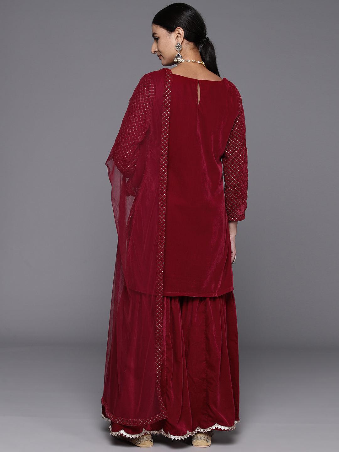 Maroon Embroidered Velvet Straight Kurta With Sharara & Dupatta - ShopLibas