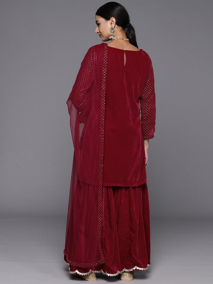 Maroon Embroidered Velvet Straight Kurta With Sharara & Dupatta - ShopLibas