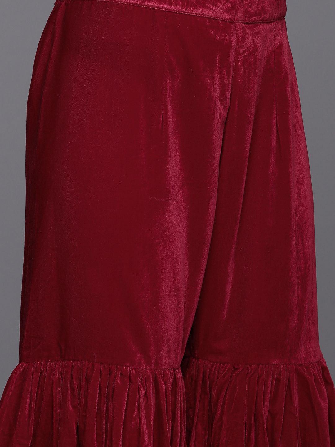 Maroon Embroidered Velvet Straight Kurta With Sharara & Dupatta - ShopLibas