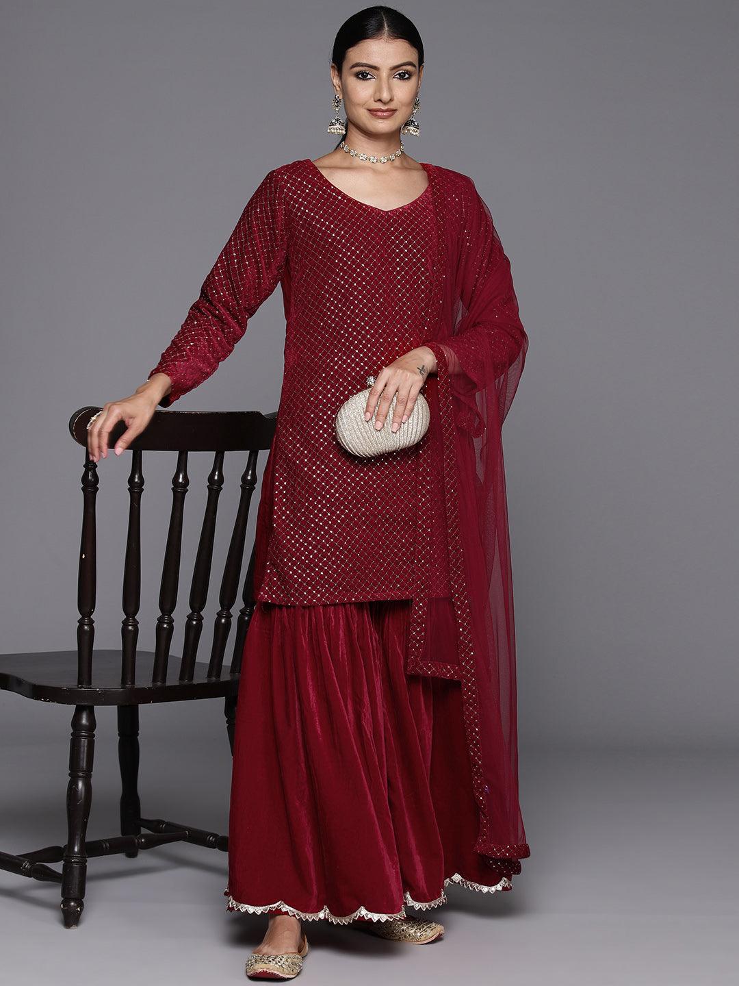 Maroon Embroidered Velvet Straight Suit With Dupatta