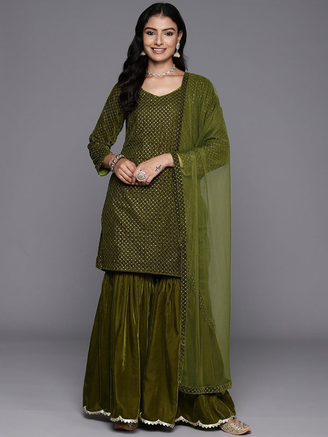 Olive Green Embroidered Velvet Straight Kurta With Sharara & Dupatta - ShopLibas