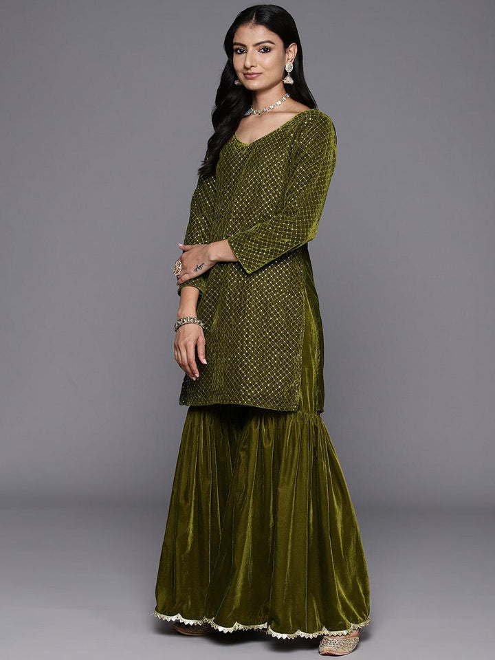 Olive Green Embroidered Velvet Straight Kurta With Sharara & Dupatta - ShopLibas