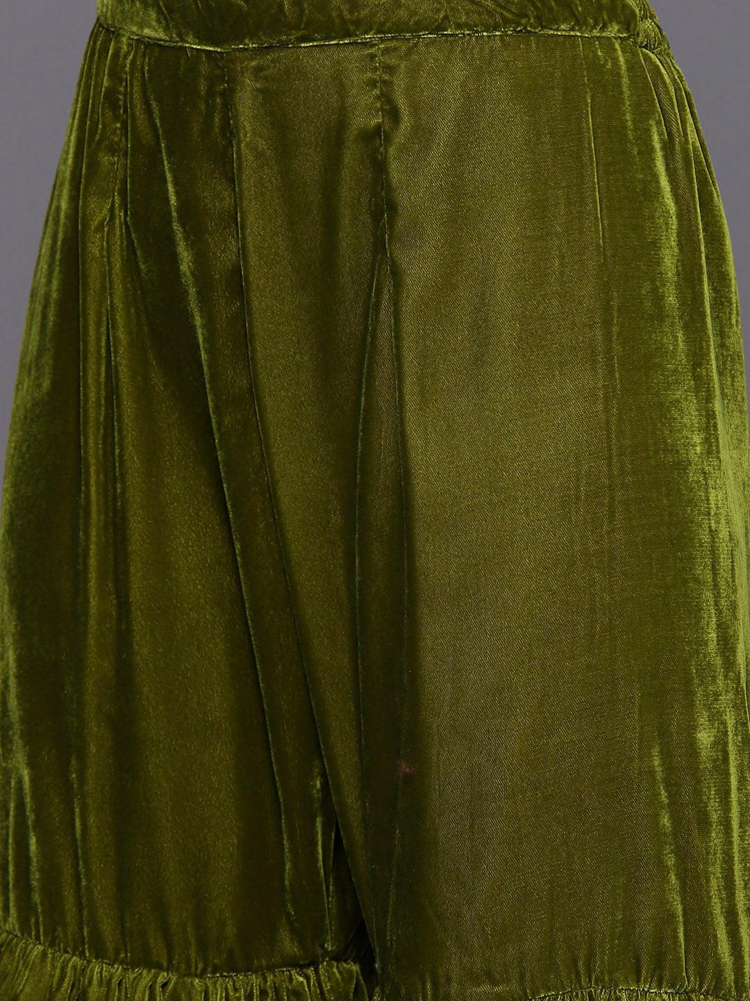 Olive Green Embroidered Velvet Straight Kurta With Sharara & Dupatta - ShopLibas