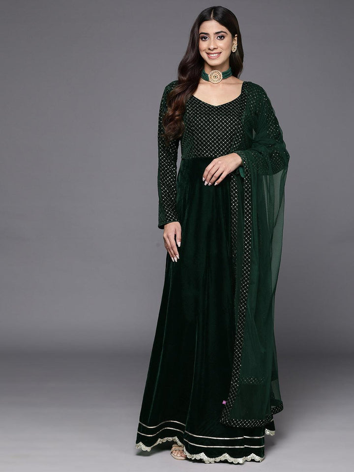 Green Embroidered Velvet Anarkali Kurta With Trousers & Dupatta - ShopLibas