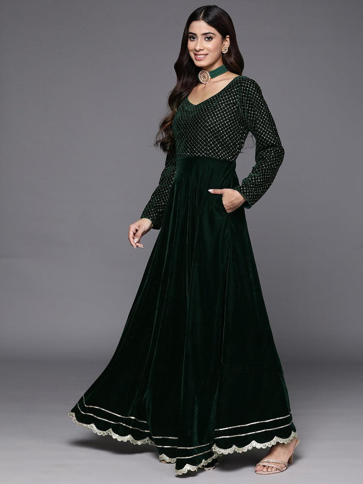 Green Embroidered Velvet Anarkali Kurta With Trousers & Dupatta - ShopLibas