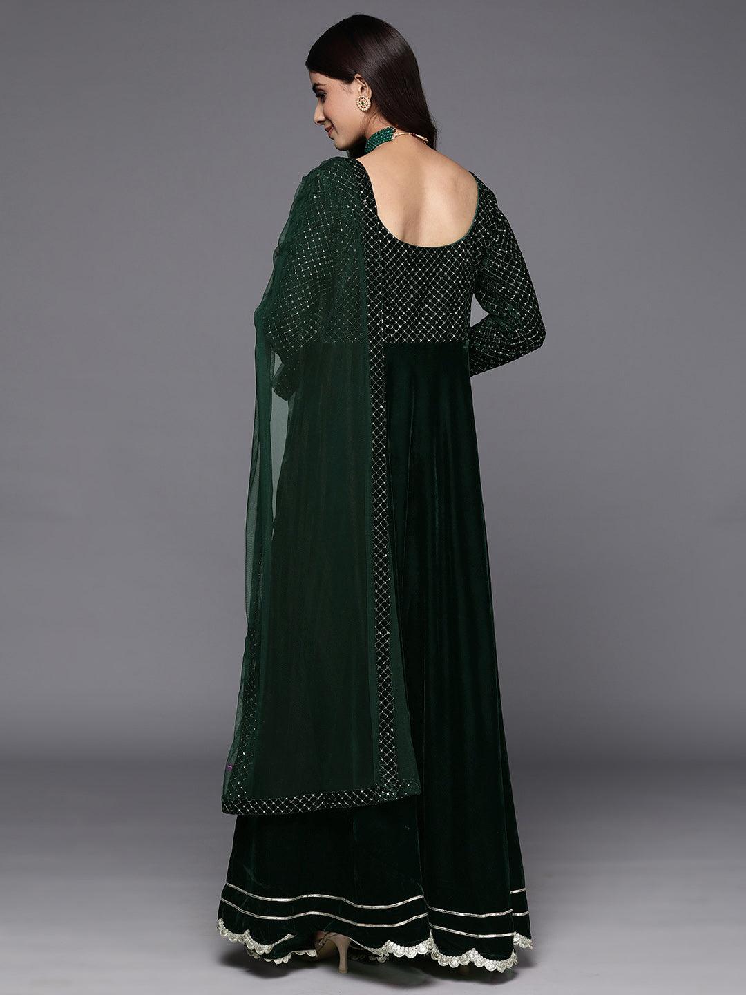 Green Embroidered Velvet Anarkali Suit With Dupatta