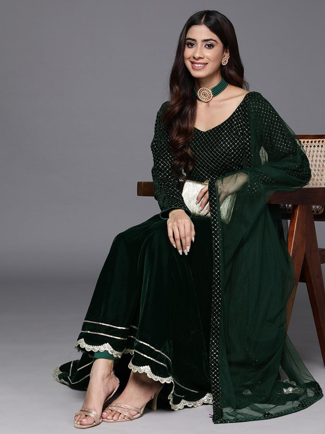 Green Embroidered Velvet Anarkali Kurta With Trousers & Dupatta - ShopLibas