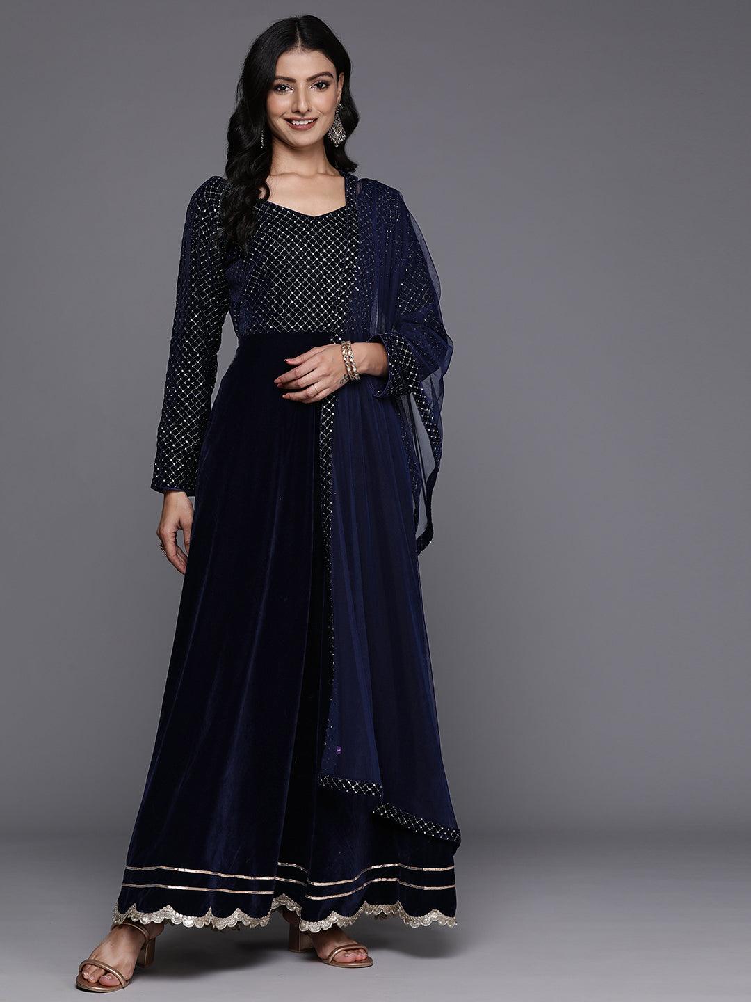 Blue Embroidered Velvet Anarkali Kurta With Trousers & Dupatta - ShopLibas