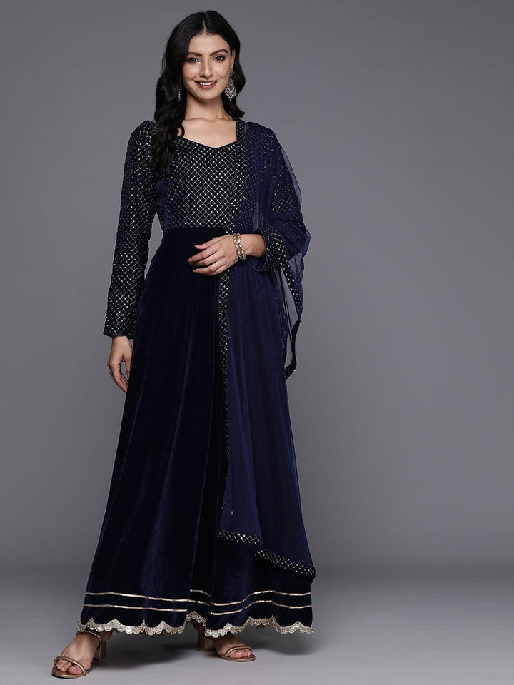 Blue Embroidered Velvet Anarkali Kurta With Trousers & Dupatta - ShopLibas